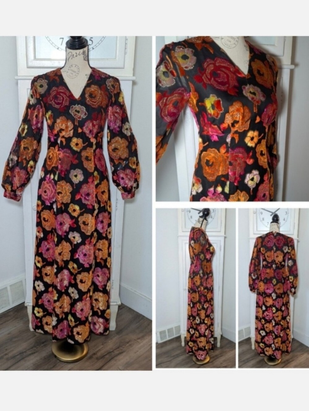 Vintage Floral Maxi Dress- Textured Velvet/Chenille & Gold Detail